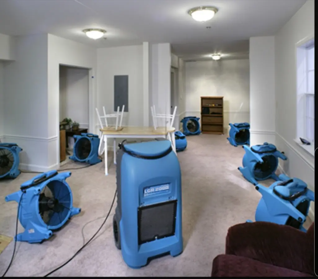 Air movers and dehumidifier setup for Water Damage Restoration in Bridgeport